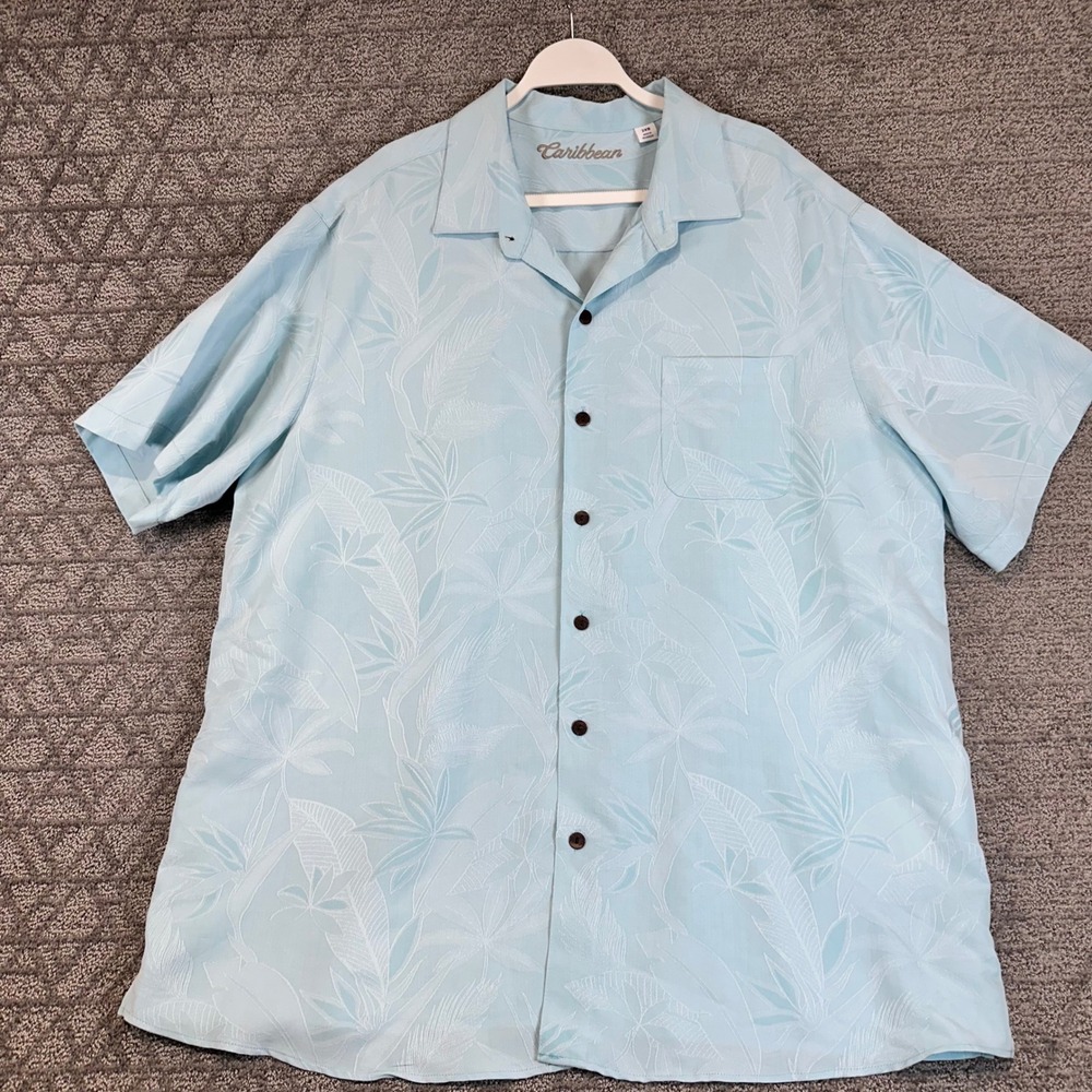 Mens Caribbean Blue Tropical Leaf Print Short Sleeve‎ Button Up Shirt 2XB